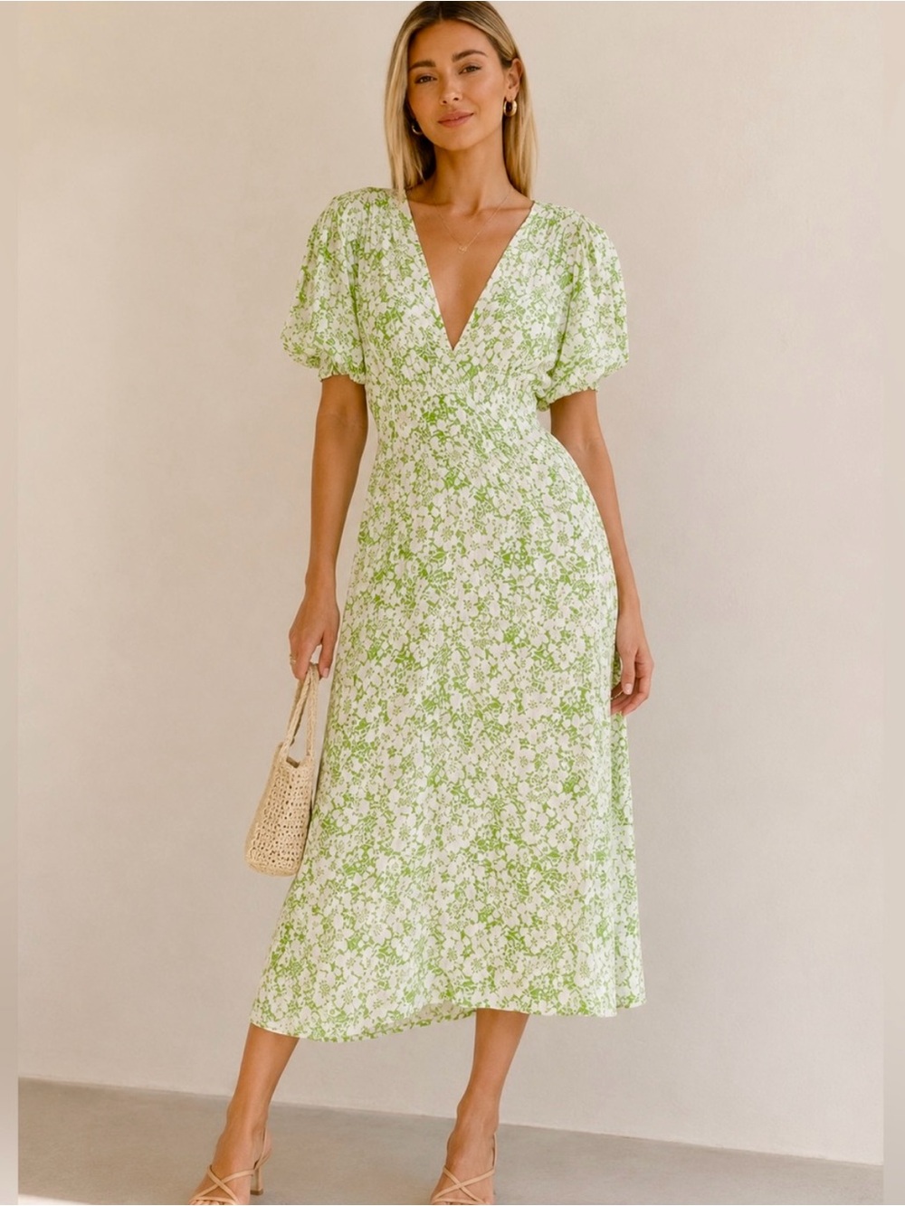 Faithfull The Brand Marie Louise Freja Floral Midi Dress Green White Puff Sleeve